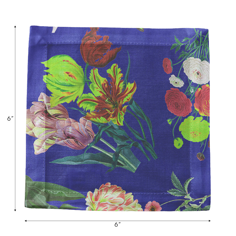 Flora Fauna Hemstitch Cocktail 6" Linen/Cotton Blend Napkin, Blue
