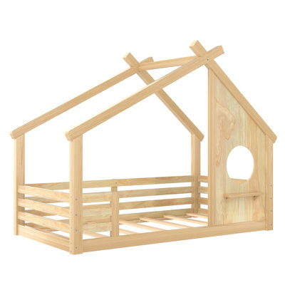 Twin House Floor Bed with Window and a Small Shelf, Solid Wood Floor Bed with House-shaped Roof, No Spring Box Needed, Natural
