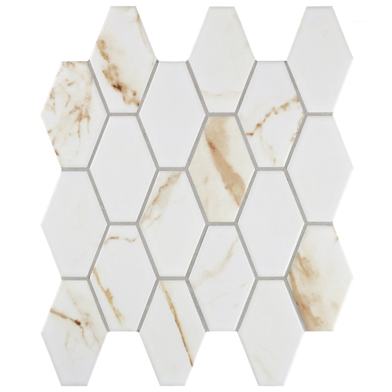 Carreau de mosaïque allongé en porcelaine hexagonale 2,36 po x 3,74 po Perfection, Or Calacatta