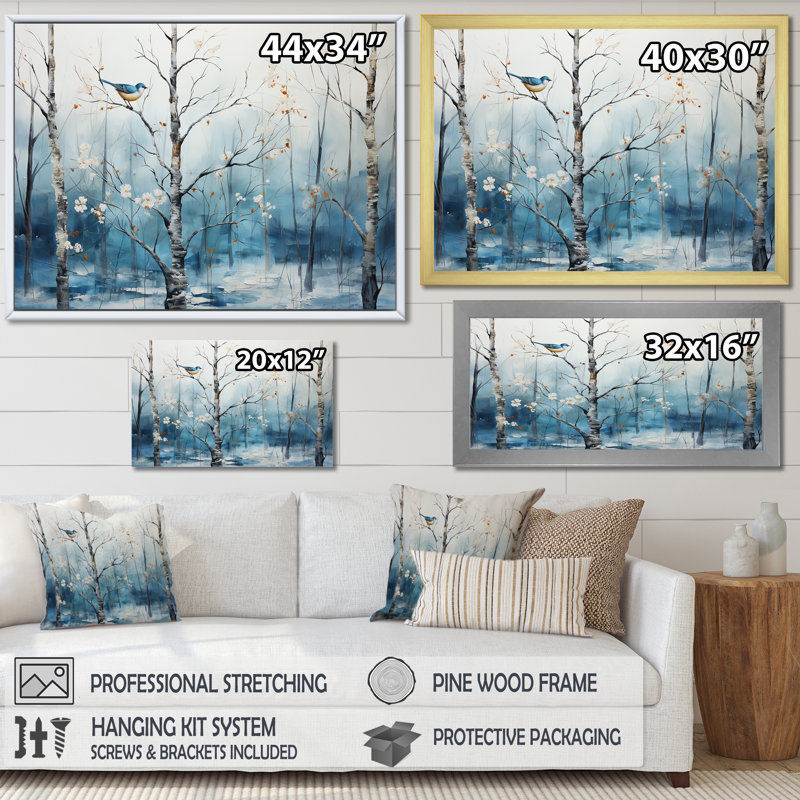 Harmonie hivernale bleue et blanche II, Cadre doré simple, H 24 po x l 32 po x P 1 po