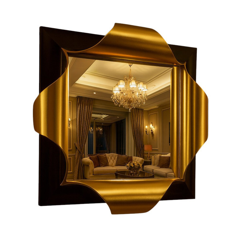 Luxury Square Wall Mirror With Gold Ribbon Accents