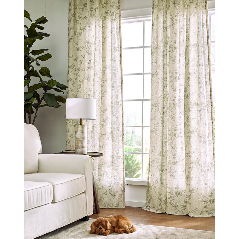 Semi Sheer Linen Blend French Floral Printed Rod Pocket Curtain Pair, Green, 50" W x 90" L