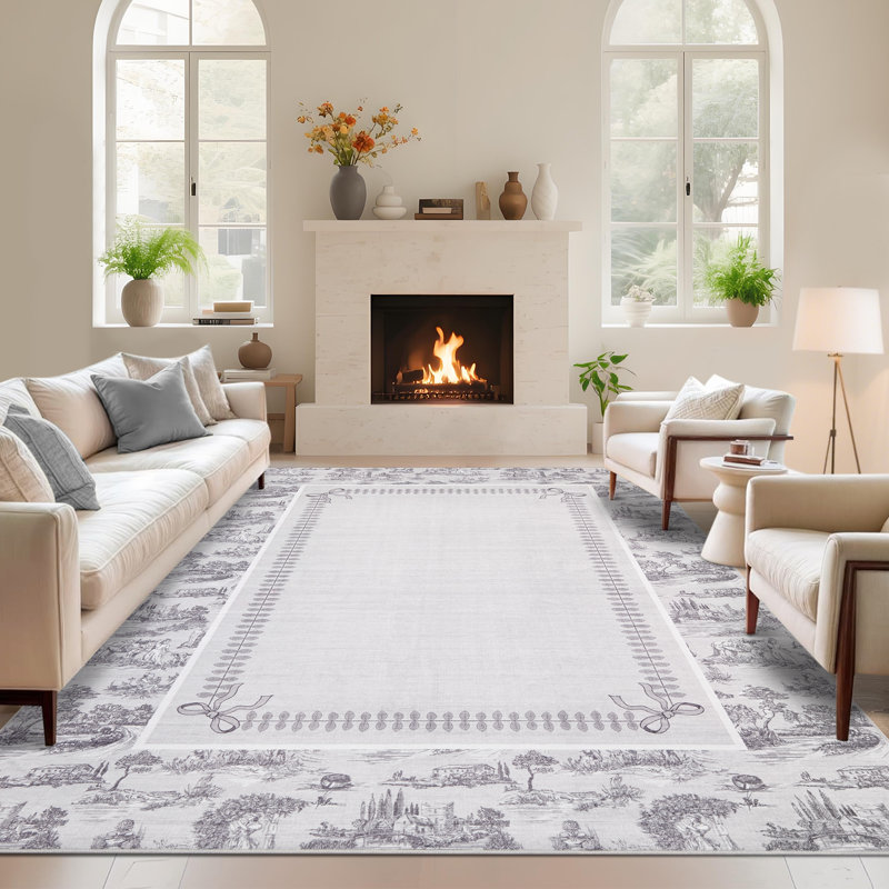 Tapis Toile de Jouy lavable à la machine – Tapis à motif champêtre français, ultra doux, antidérapant et ne peluche pas, Grey
