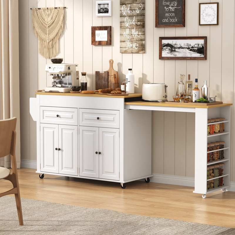 Îlot de cuisine 80,63 "avec prise de courant, 2 tiroirs de rangement, tablettes ouvertes, Blanc