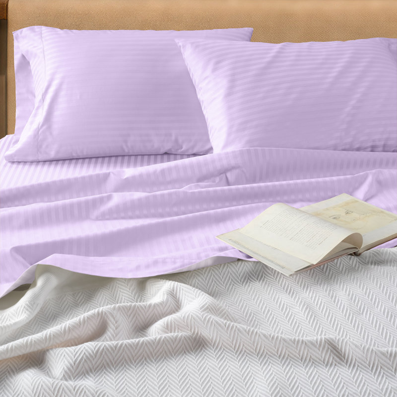 600 Thread Count 100% Cotton Sheet set in Sateen Weave, Twin Sheet Set with 1 Pillowcase, Lilac Damask, Stripe