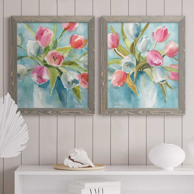 Today's Tulips I - ensemble de 2 reproductions d'art sur papier, H 24 po x l 36 po x P 1,5 po, Toile avec cadre gris
