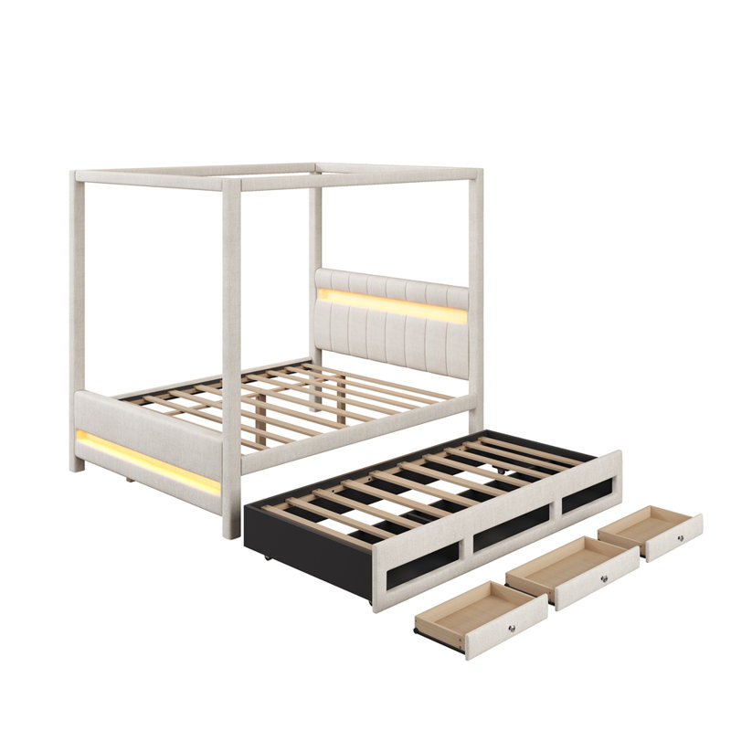 Grand lit plateforme à baldaquin tapissier avec lumières DEL, lit gigogne simple, 3 tiroirs de rangement, tête de lit, beige