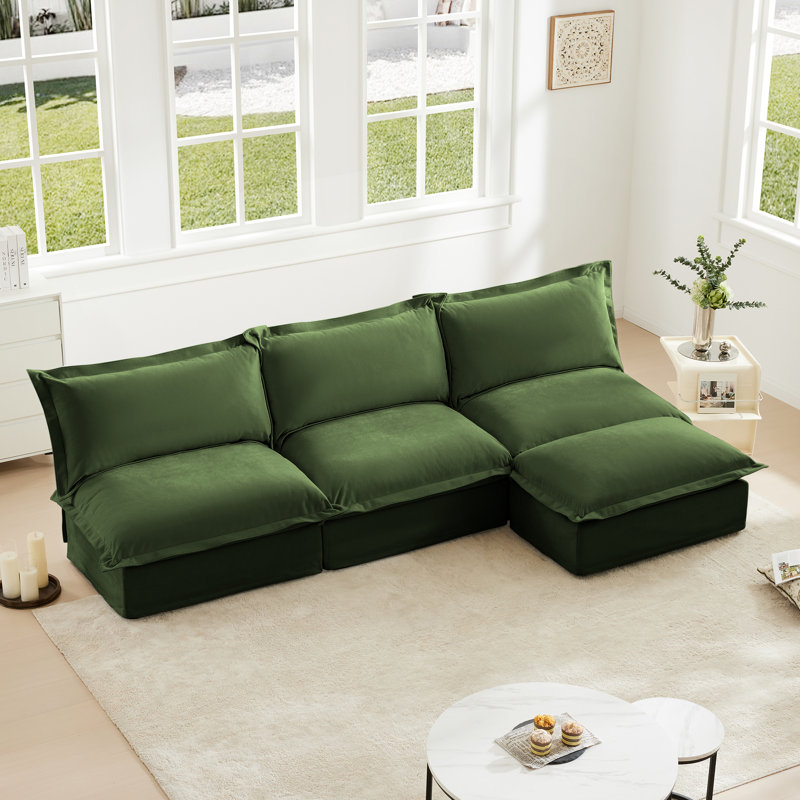 Canapé moderne sans accoudoirs 3 places Kemble, Chenille verte, H 34,63 po x l 109,83 po x P 55,03 po
