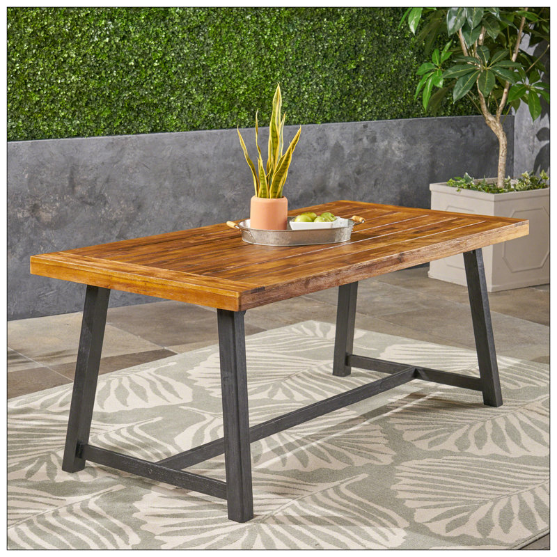 Table de salle à manger d'extérieur en bois d'acacia, finition teck sablé et noir