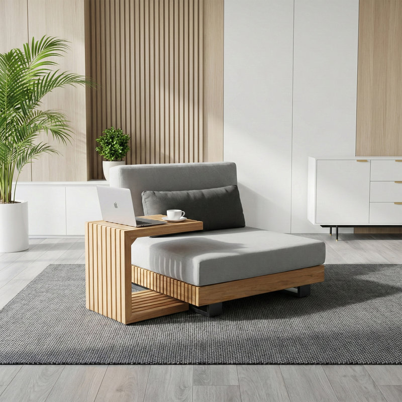 Modern C-Shape Solid Teak Side Table, 16" Space-Saving Outdoor End Table for Patio & Sofa, Laptop & Snack Tray, Fully Weather Resistant