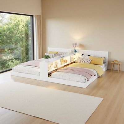 Double cadre de lit simple avec rangement, lit simple avec lumière et station de charge, 2 lits simples convertibles pour 2 enfants