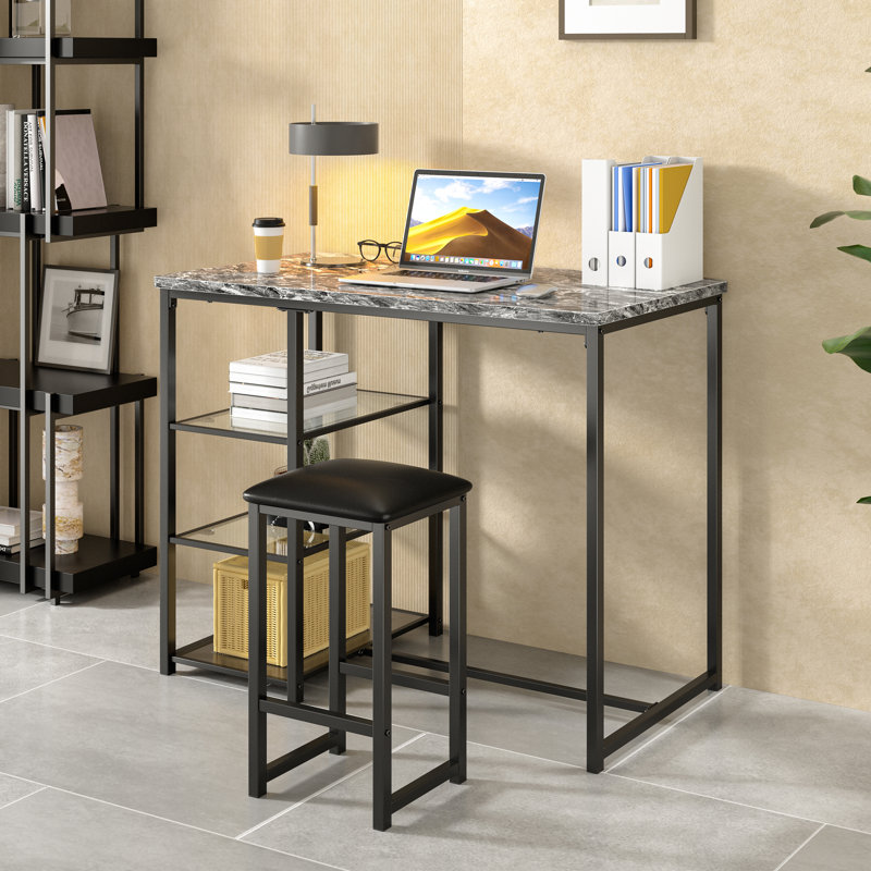 Ligon 3-Piece Kitchen Bar Table Set with Faux Marble Top, Storage Shelves & PU Leather Stools — Small Space Dining Set