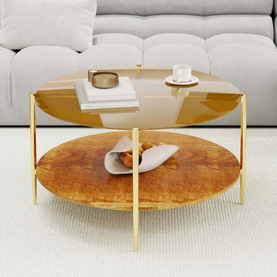 Table basse ronde moderne à double couche avec rangement en verre trempé
