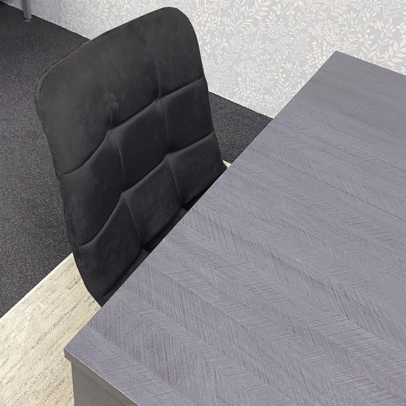 Dark Grey Arrow Design Wooden Dining Table with Black Velvet Chairs and 2 Velvet Benches, 75"H x 117"L x 77"W