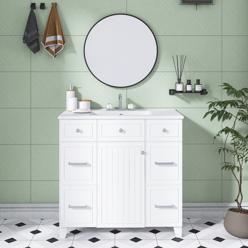 36 pouces Meuble-lavabo blanc avec lavabo en céramique | Structure en bois massif | Portes à fermeture en douceur | Tablettes réglables | 3 tiroirs | Comprend un tiroir à double profondeur pour le rangement du sèche-cheveux