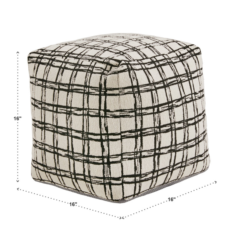Doniphan Upholstered Square Pouf Ottoman, Ivory Plaid