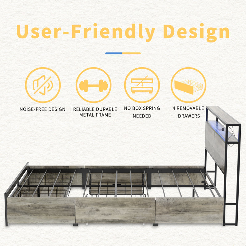 Antioch Modern Bed Frame with 4 Drawers, LED Light and Charging Station