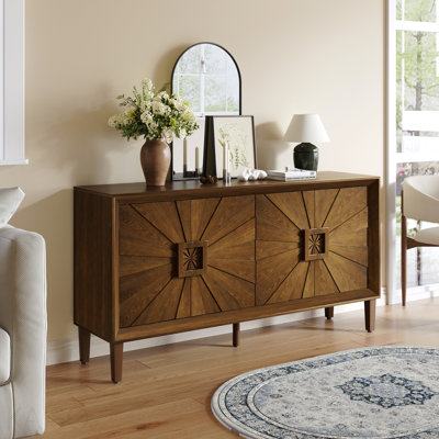 60'' Premium Rustic American Farmhouse Credenza Symmetrical Sunburst Door Design Heavy-Duty Antique Wood Tv Stand With Adjustable Shelves Storage Organizer Cabinet For Living Room/Kitchen