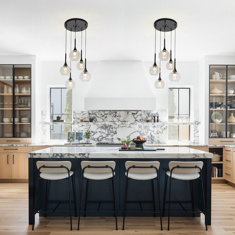 5-Light Cluster Pendant Lamp With Hammered Glass, Clear