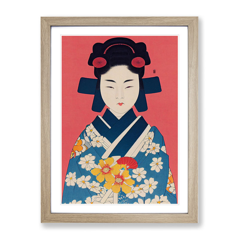 Graceful Geisha - Single Picture Frame Print, 64cm H x 46cm W x 2cm D, Oak
