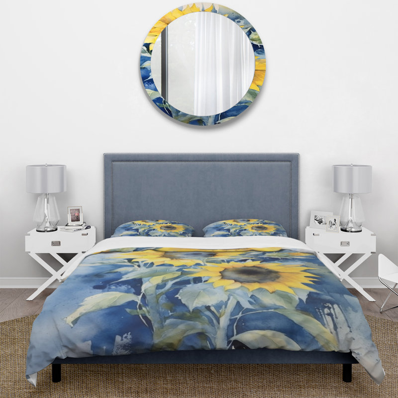 Ensemble de housse de couette jaune / bleu / tournesol doré en microfibre / polyester