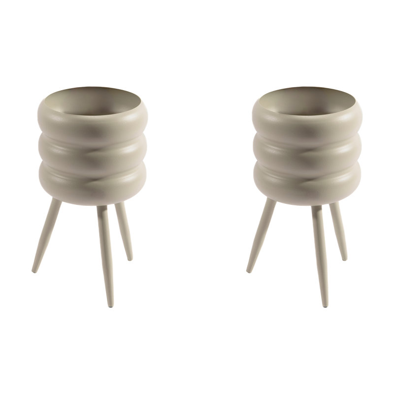 Round Metal Bubble Planter W/ Legs Beige Kd - Set Of 2