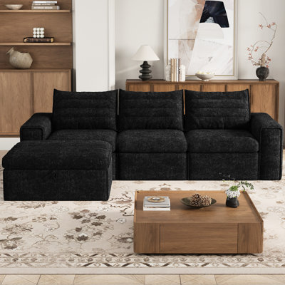 106.7" Modular Sectional Sofa with Deep Seat, L Shaped Cloud Couch for Living Room, 3-Seater Modern Compression Boneless Sofa with Movable Ottomans, Removable Cover, No Assembly Required, Graphite Black