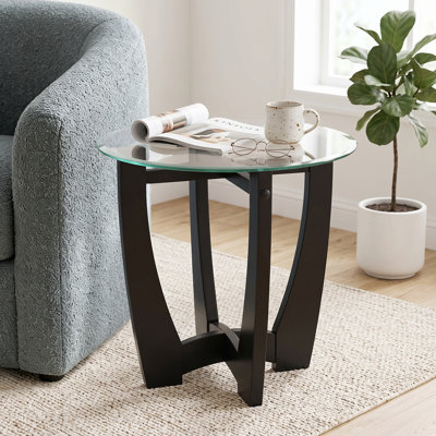Table basse ronde en verre 23,5 po avec base en bois noir pour le salon et le bureau