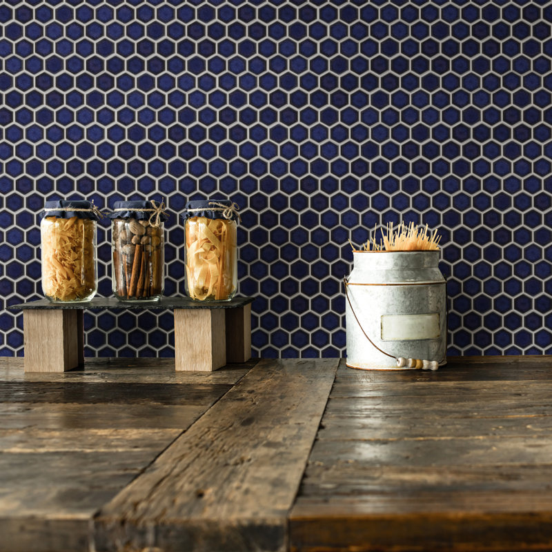 Tribeca 1" Hex Glossy 10-1/4 " x 11-7/8 " Porcelain Mosaic Floor and Wall Tile, Cobalt