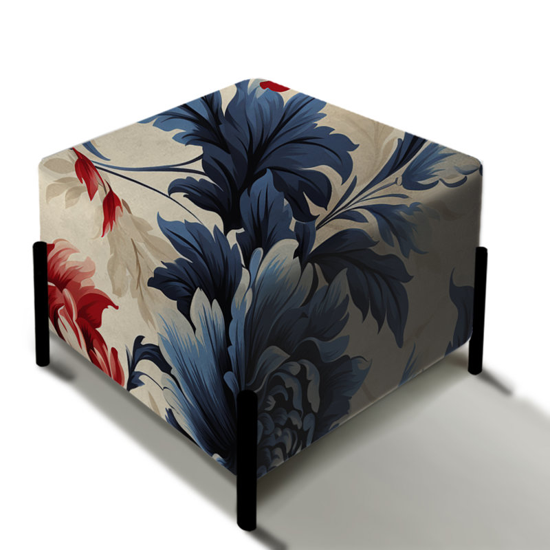 Fleur rouge et bleue damassée nostalgie - repose-pieds carré damassé
