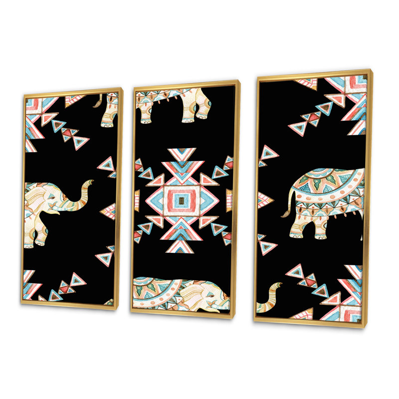 «Indian Native Tribal Elephant I», reproduction sur toile flottante 3 pièces, Cadre doré, H 32 po x l 48 po x P 1 po