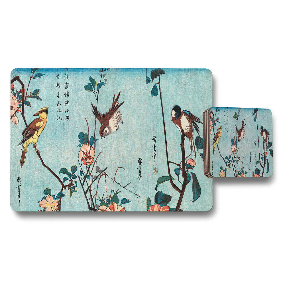 Blue Birds and Blossoms Placemat and Coaster Set Asian Art