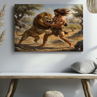 Reproduction d'art sur toile, "Musclular Man Fighting Roaring Lion In Wilderness" pour le salon, la chambre à coucher, le bureau, le couloir, le vestibule, le mur de la galerie et la décoration intérieure moderne