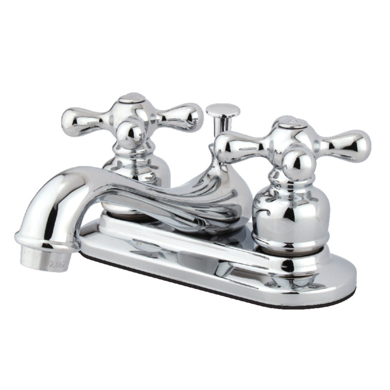 Kingston Brass Restoration Two-Handle 3-Hole Deck Mount 4" Centerset Bathroom Faucet with Plastic Pop-Up, Polished Chrome