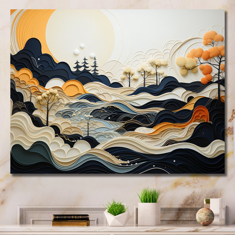 «Mahjabi Gray Orange Line Art Landscape», reproduction d'art sur toile, H 30 po x l 40 po x P 1,5 po, Toile tendue