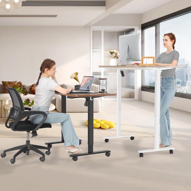 71" Electric Height Adjustable Standing Desk With 4 Lockable Casters, 2 Hooks, Big Mouse Pad, Brown