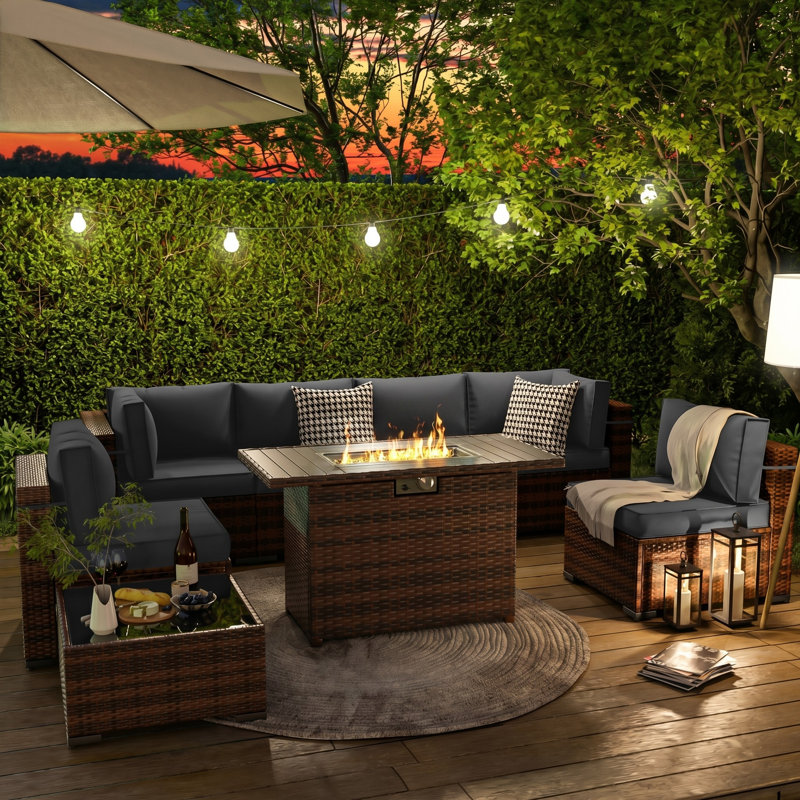 Ensemble de conversation pour patio 8 pièces avec foyer d'extérieur Romanas, Gris