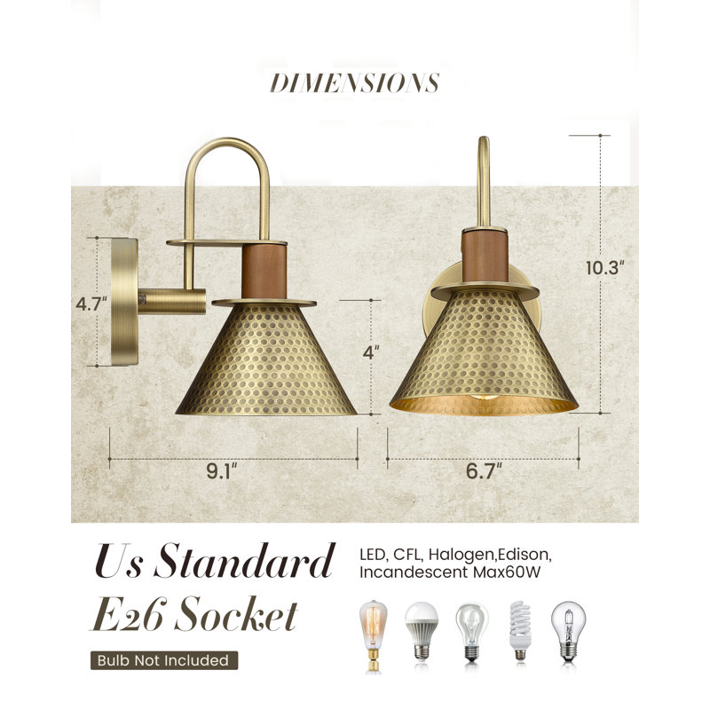 Bouleaux 1-Light Dimmable Industrial Hammered Iron Armed Sconce, Gold