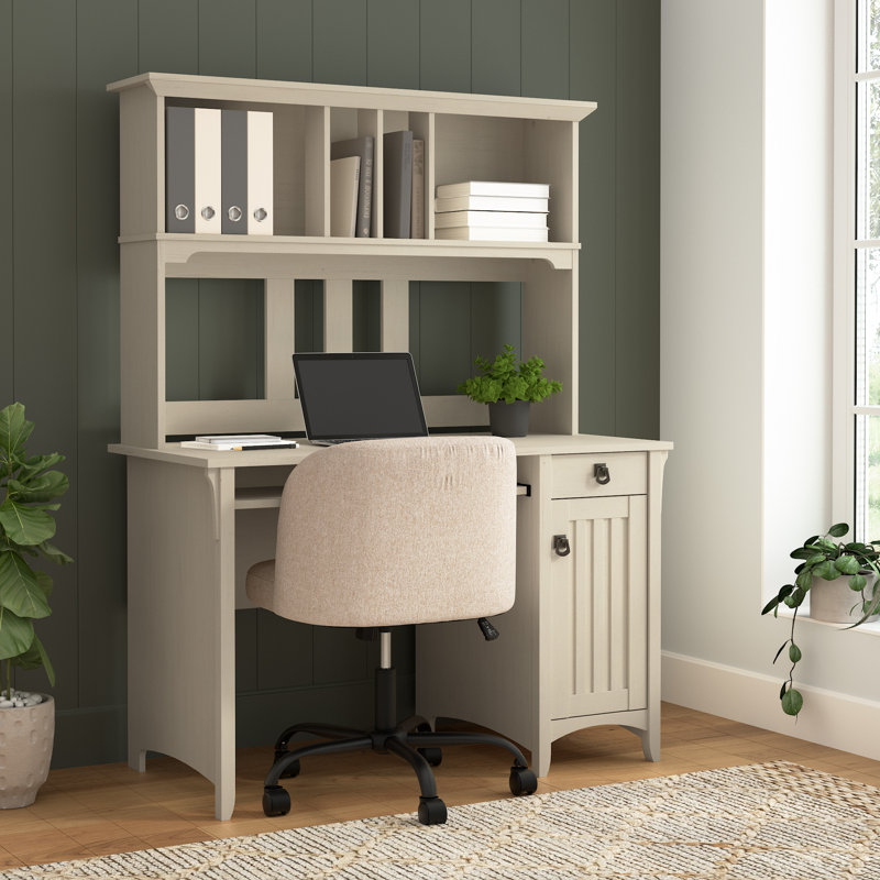 Petit bureau d'ordinateur avec huche en blanc antique, Blanc antique