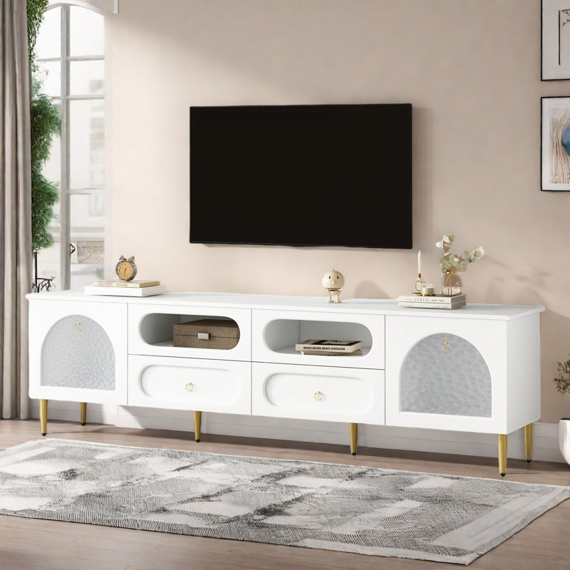 Retro Tv Stand With Six Metal Legs, 4 Drawers, 2 Cabinets And Arched Glass Doors, White