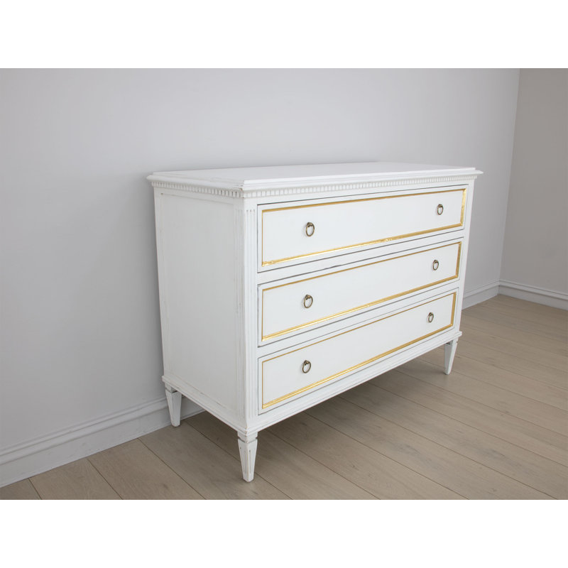 Lauren 3 - Drawer Solid Wood Dresser, White/Gold
