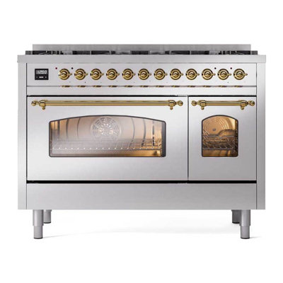 Cuisinière ILVE Nostalgie II Series 48 po à double combustible avec 8 brûleurs scellés (propane liquide, porte vitrée)