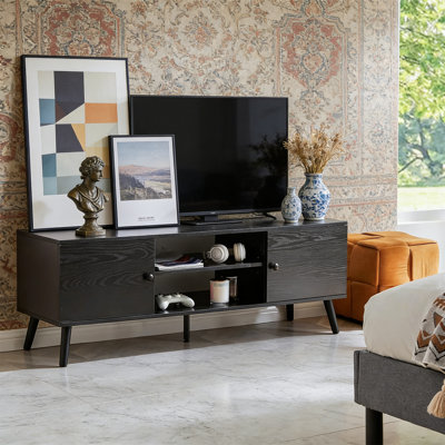 Modern Mid-Century TV Stand For 55-60 Inch Tvs With Storage Cabinets, Pure Black Media Console