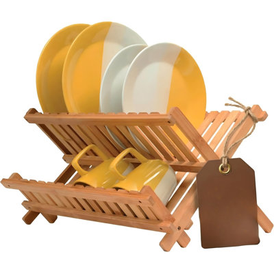 Collapsible Dish Drying Rack 2-Tier Bamboo Dish Drainer, No Assembly