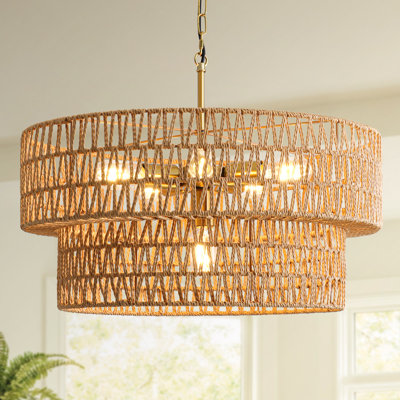 23.6" Boho Rattan Chandelier, 6-light Large Rattan Pendant Light With 2-tier Wicker Shade, Bohemian Rattan Ceiling Light Fixture Chandelier For Dining Room, Living Room, Kitchen Island