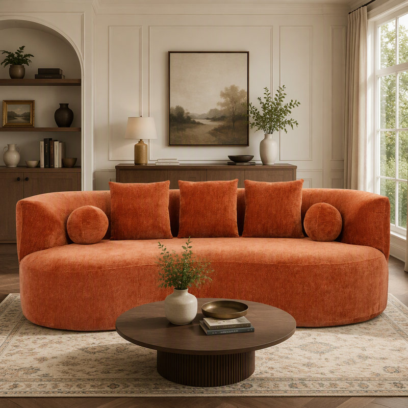 Canapé rembourré en chenille moderne sans assemblage requis Siège confortable pour les espaces de vie, Boucle orange