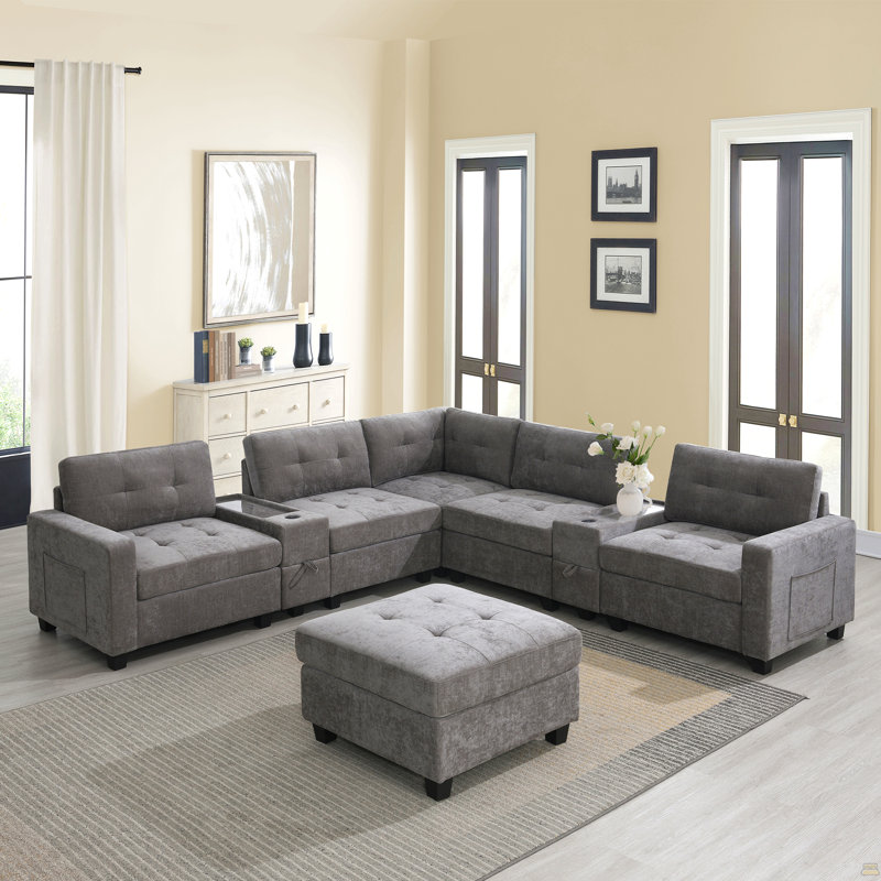 Canapé modulaire de 104 po avec repose-pieds mobile, canapé capitonné en L avec consoles de rangement, chargeur USB, Gris