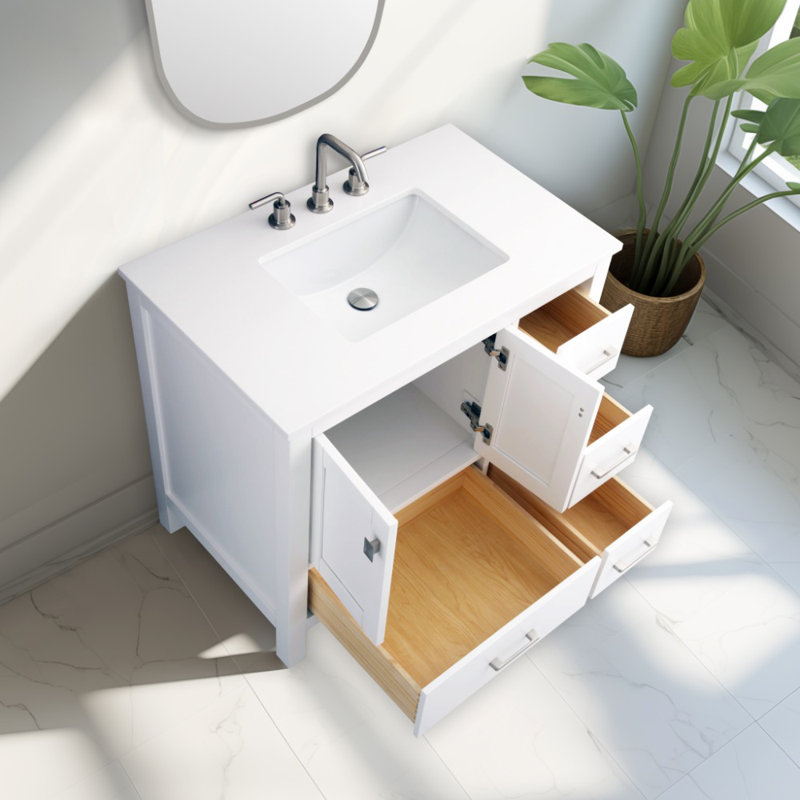Meuble-lavabo 36 po avec plateau en quartz blanc Philant, Blanc / Blanc