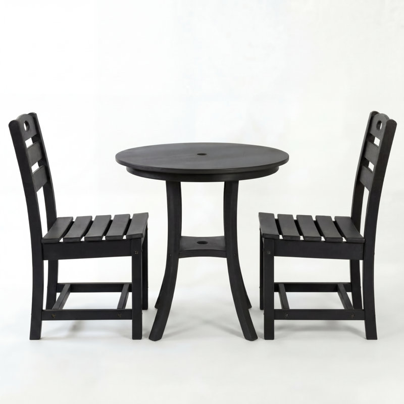 Ensemble bistro 3 pièces en PEHD noir avec table ronde et 2 chaises noires
