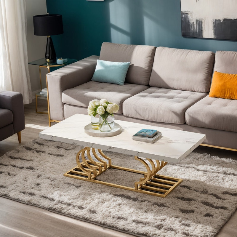 Table basse de 47,2 po de largeur avec plateau rectangulaire en faux marbre et base géométrique en métal, table d'appoint moderne pour le salon